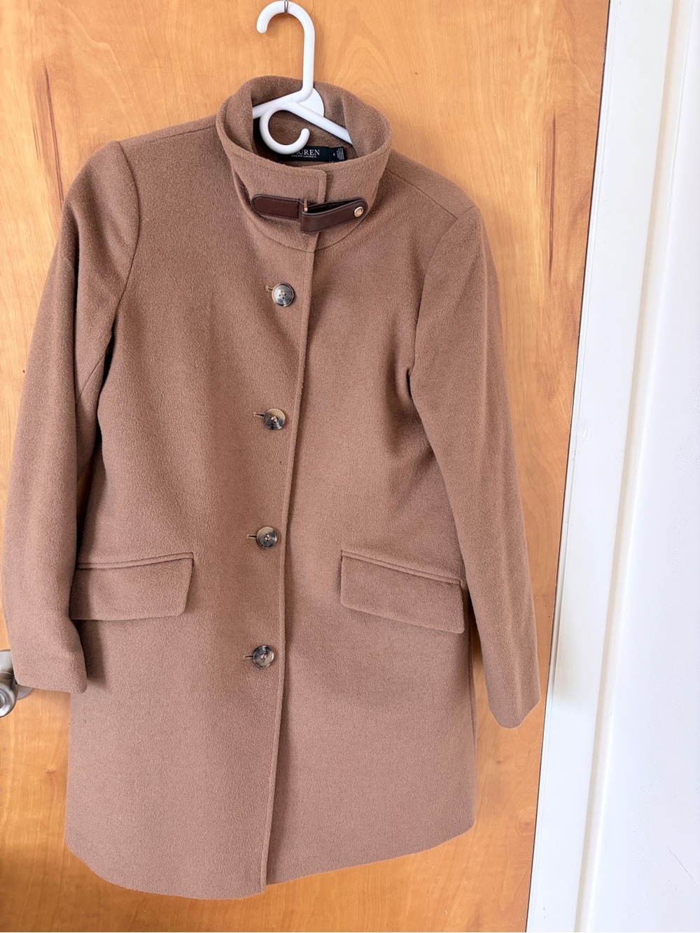 Ralph Lauren Brown Camel Wool Mid-Length Peacoat with Leather Collar Strap